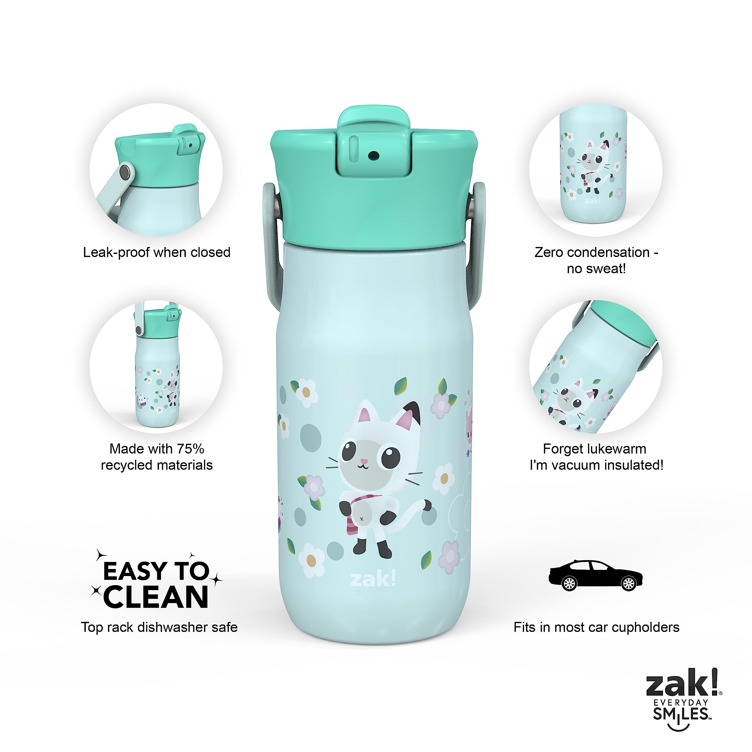 Zak Designs Harmony Gabby's Dollhouse Kid Water Bottle for Travel, 14oz Recycled Stainless Steel, Leak-Proof When Closed and Vacuum Insulated (Pandy Paws, Cakey Cat, Mercat, Kitty Fairy)