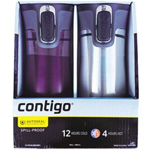 Contigo AUTOSEAL Spill-Proof Stainless Steel VacuumTravel Mug 14oz with Easy-Clean Lid, 2 Pack (Merlot/Stainless Steel)