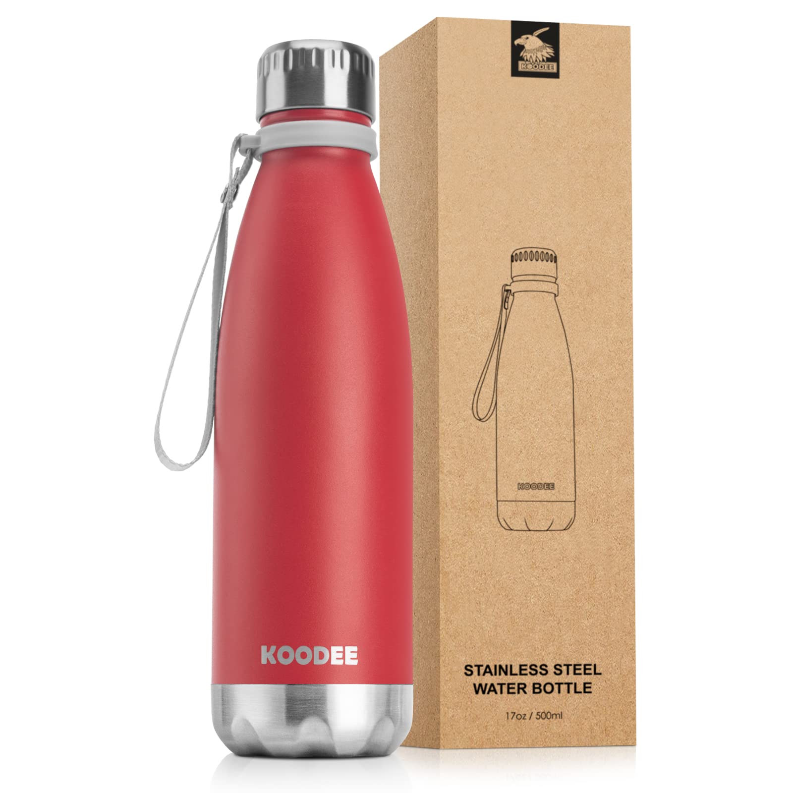 koodee 17 oz Stainless Steel Water Bottle-Double Wall Vacuum Insulated Sports Water Bottle for Girls，Cola Shape Leak Proof Sports Flask (Canyon Red)