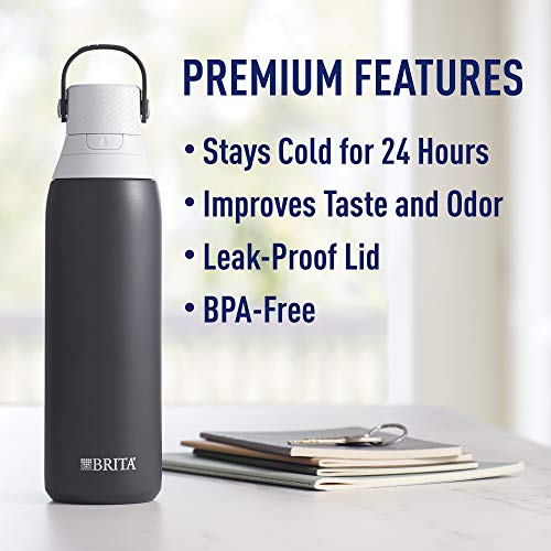 Brita Stainless Steel Premium Filtering Water Bottle, BPA-Free, Replaces 300 Plastic Water Bottles, Filter Lasts 2 Months or 40 Gallons, Includes 1 Filter, Kitchen Accessories, Carbon - 20 oz.