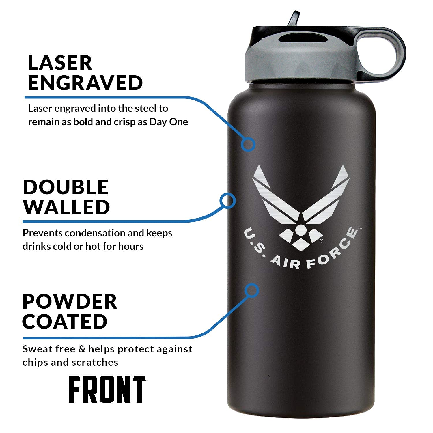 32oz Air Force Stainless Steel Insulated Water Bottle with Engraved USAF Logo - Air Force Gifts for Veterans | Disabled USMC Vet Owned SMALL Business