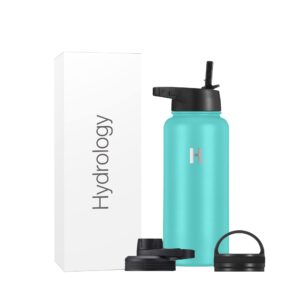 h2 hydrology sport water bottle 3 lids (straw lid & spout lid) | double wall vacuum insulated stainless steel wide mouth | sports hot & cold leak proof sweat free thermos (32 oz, aquamarine)