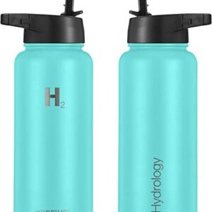 H2 Hydrology Sport Water Bottle 3 LIDS (Straw Lid & Spout Lid) | Double Wall Vacuum Insulated Stainless Steel Wide Mouth | Sports Hot & Cold Leak Proof Sweat Free Thermos (32 oz, Aquamarine)