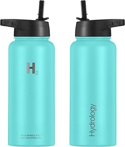 H2 Hydrology Sport Water Bottle 3 LIDS (Straw Lid & Spout Lid) | Double Wall Vacuum Insulated Stainless Steel Wide Mouth | Sports Hot & Cold Leak Proof Sweat Free Thermos (32 oz, Aquamarine)