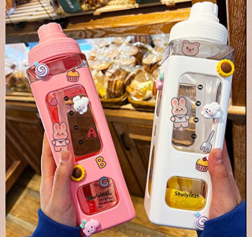 WANGZMTOU Kawaii Bear Pastel Water Bottle With 3D Sticker 700ml Plastic Travel Tea Juice Milk Portable Cute Shaker Drink Bottle Gift (Pink)