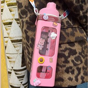 WANGZMTOU Kawaii Bear Pastel Water Bottle With 3D Sticker 700ml Plastic Travel Tea Juice Milk Portable Cute Shaker Drink Bottle Gift (Pink)