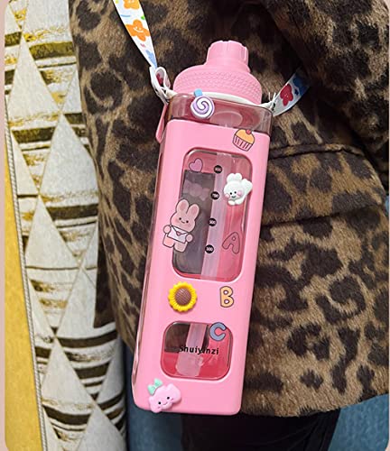 WANGZMTOU Kawaii Bear Pastel Water Bottle With 3D Sticker 700ml Plastic Travel Tea Juice Milk Portable Cute Shaker Drink Bottle Gift (Pink)