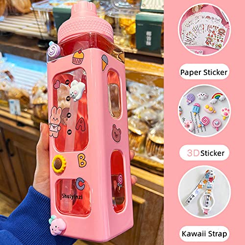 WANGZMTOU Kawaii Bear Pastel Water Bottle With 3D Sticker 700ml Plastic Travel Tea Juice Milk Portable Cute Shaker Drink Bottle Gift (Pink)