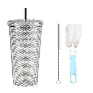 xigugo bling water bottle,bling cup -16.9oz stainless steel rhinestone cup with lid and straw,handmade decorations individually diamond glitter gift for women mom girlfreind (silver)