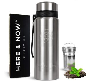 here & now supply co. 25 oz multi-purpose travel mug and tumbler | tea infuser water bottle | fruit infused flask | hot & cold double wall stainless steel coffee thermos (cosmic silver)