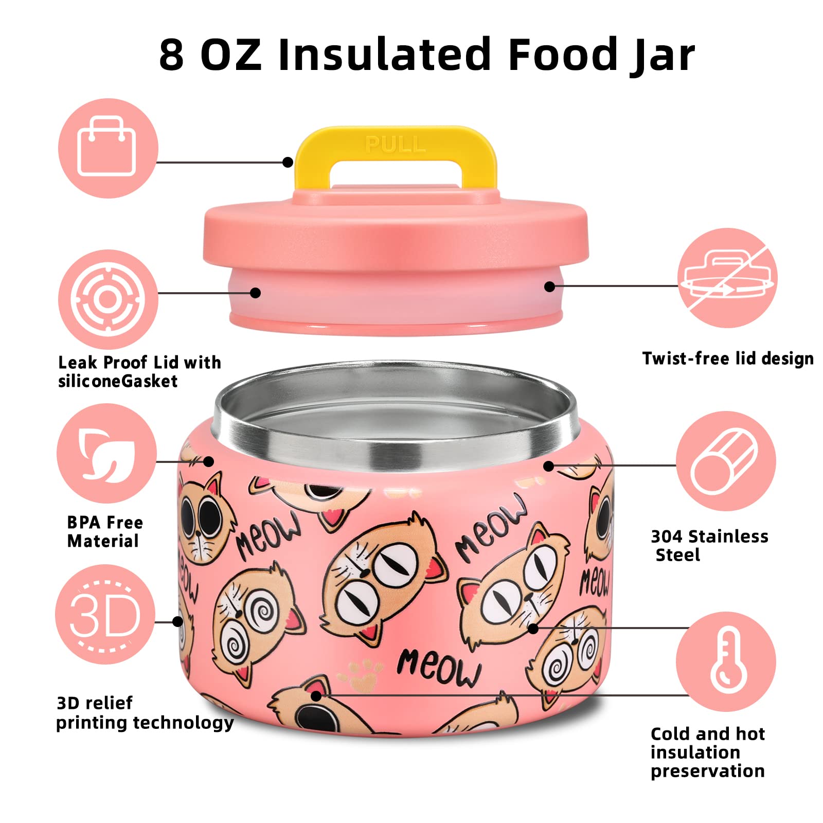 JXXM 8 Oz Thermo Food Jar for Hot & Cold Food for Kids Insulated Lunch Containers Hot Food Jar,Leak-Proof Vacuum Stainless Steel Wide Mouth Lunch Soup thermo for School,Travel (Pink-Cartoon Cat) 1pc