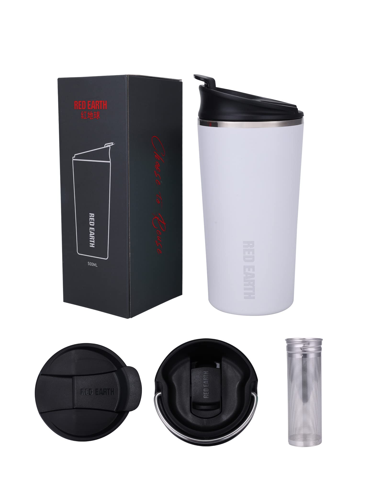 GiNT 17oz Travel Tea Mug with Infuser and Two Lids. Vacuum Insulated 316 Stainless Steel Travel Coffee Mug. Dishwasher Safe Tea Cup with Tea Strainer for Hot and Cold Brew Coffee or Tea(White)