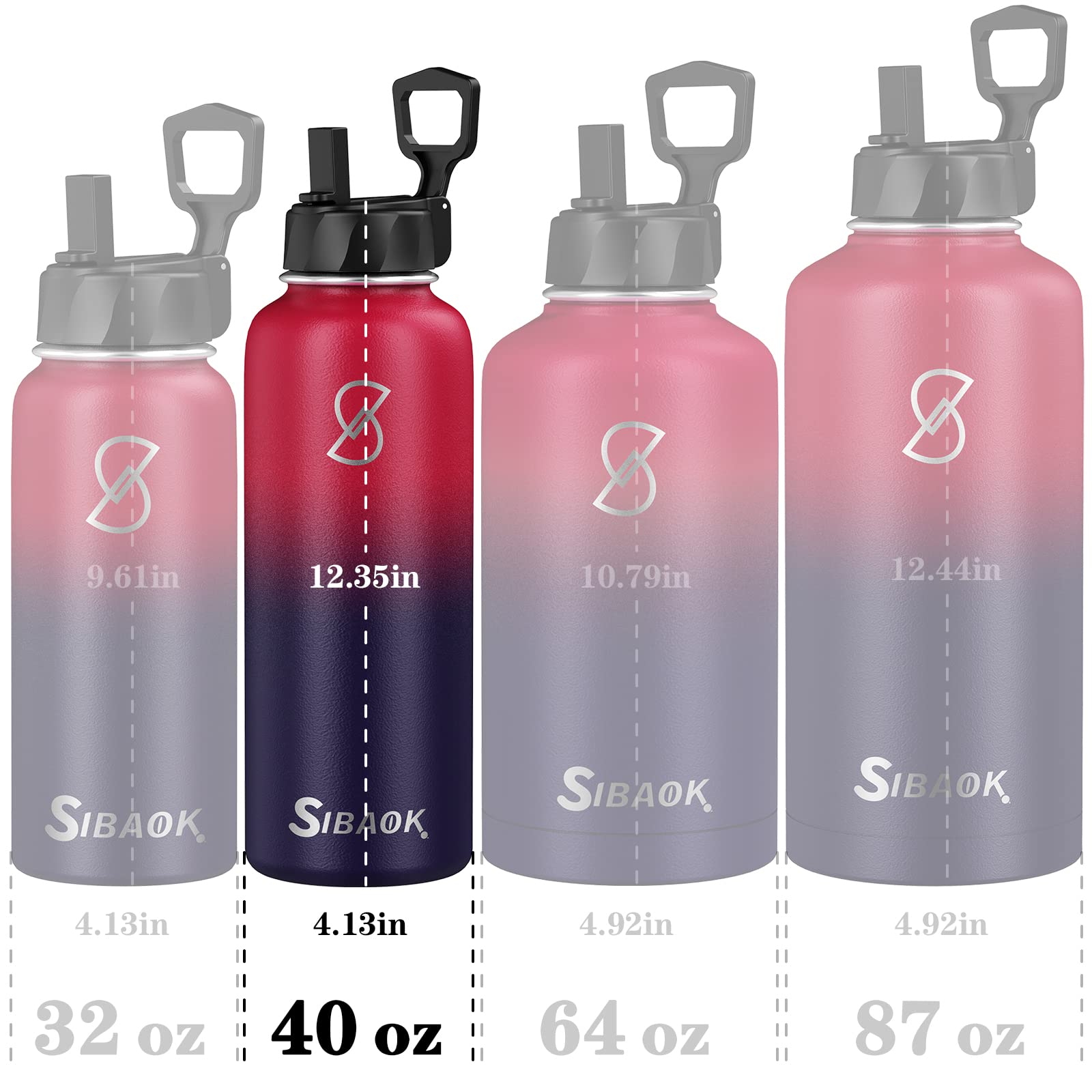 40 oz Water Bottles, Sibaok Stainless Steel Insulated Water Bottle with Straw, Handle & 2 Lids- Double Wall Vacuum Leak Proof Sport Water Bottles, Keep Water Cold and Hot, Thermos Jug Canteen