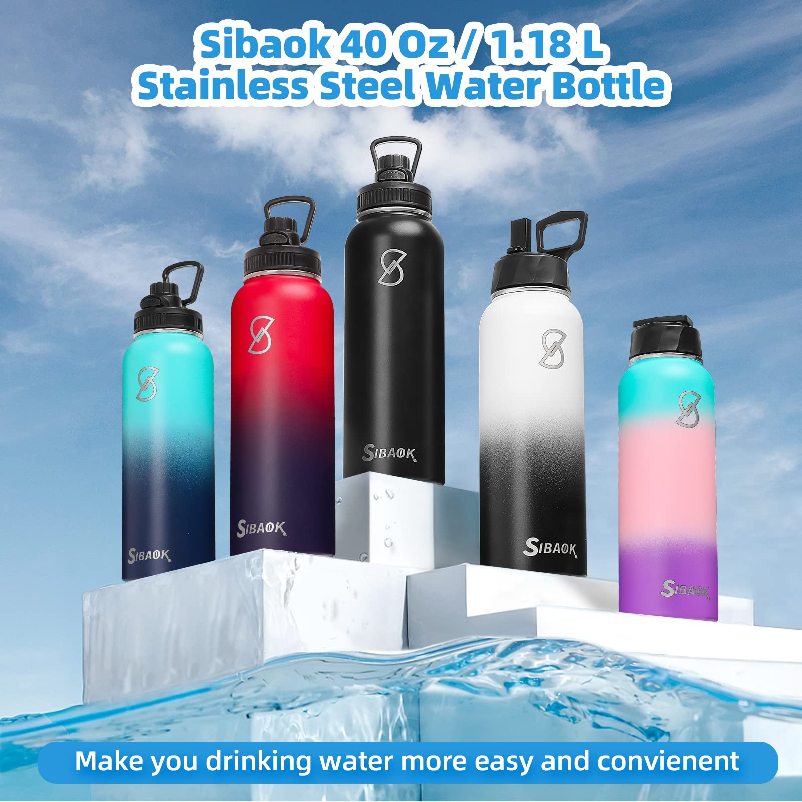 40 oz Water Bottles, Sibaok Stainless Steel Insulated Water Bottle with Straw, Handle & 2 Lids- Double Wall Vacuum Leak Proof Sport Water Bottles, Keep Water Cold and Hot, Thermos Jug Canteen