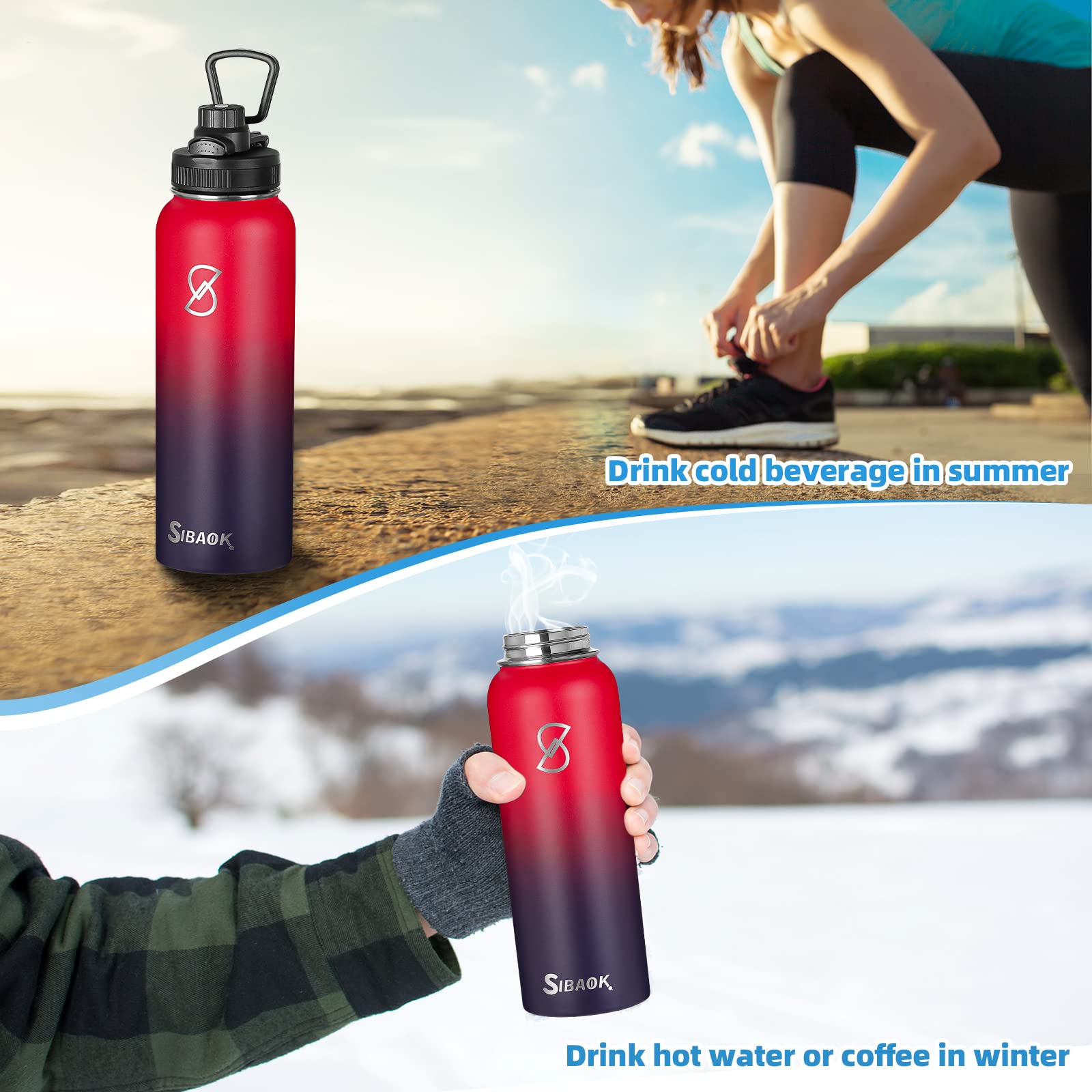 40 oz Water Bottles, Sibaok Stainless Steel Insulated Water Bottle with Straw, Handle & 2 Lids- Double Wall Vacuum Leak Proof Sport Water Bottles, Keep Water Cold and Hot, Thermos Jug Canteen