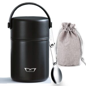 mr.dakai thermal soup container for hot food, insulated lunch container hot food jar stainless steel vacuum bento lunch box with folding spoon/bag for office picnic travel outdoors - 27oz black