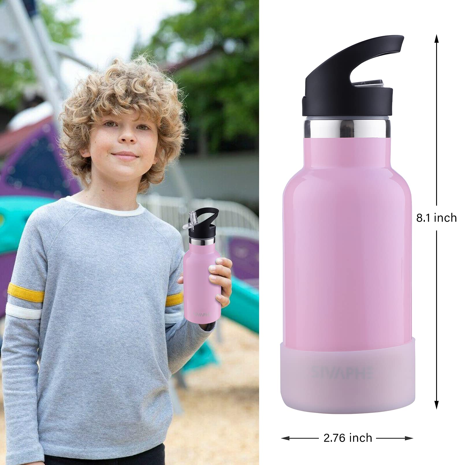 Kids Water Bottle with Straw Lids 12OZ Stainless Steel Small Drinking Bottle for School Little Girls Pink