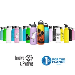 Involve & Evolve Insulated Water Bottle with 3 Lids (Straw Lid) Kids Reusable Double Walled Stainless Steel Flask Metal Thermos 12oz 17oz 20oz 25oz (17 oz, Bare Ocean)