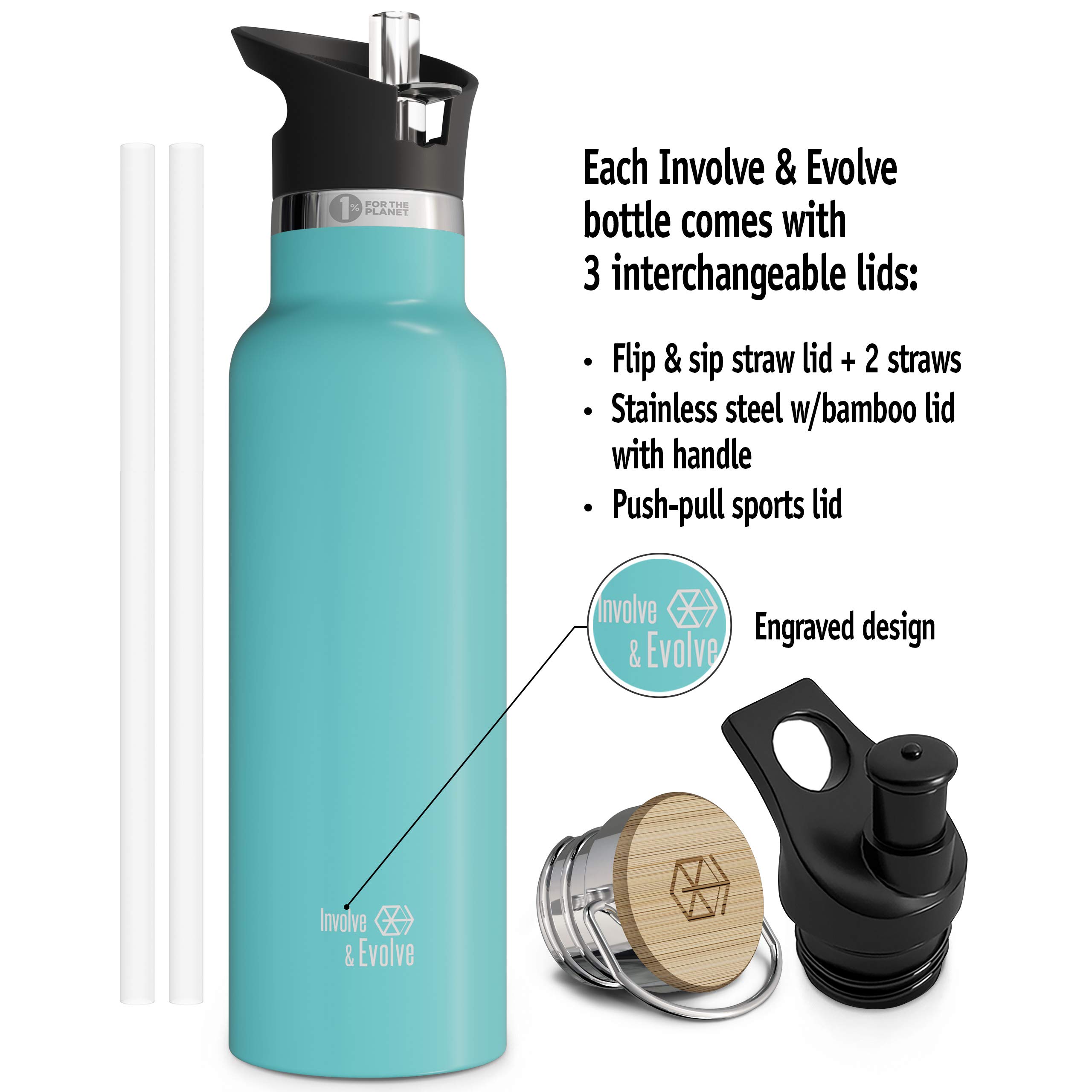 Involve & Evolve Insulated Water Bottle with 3 Lids (Straw Lid) Kids Reusable Double Walled Stainless Steel Flask Metal Thermos 12oz 17oz 20oz 25oz (17 oz, Bare Ocean)