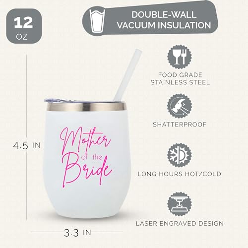 Your Dream Party Shop Mother of The Bride Insulated Tumbler Stainless Steel 12 Oz Wine Tumbler with Lid and Straw - Great Mother of the Bride Cup and Mother Cup