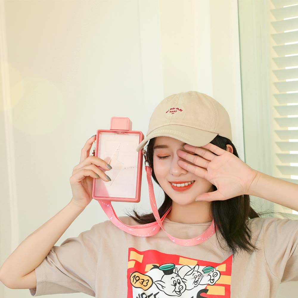 YunQin 450ML Creative Summer Plastic Cup, Outdoor Convenient Large Capacity Rectangular Juice Cup for Girls, Cute Lightning Water Bottle (Pink)