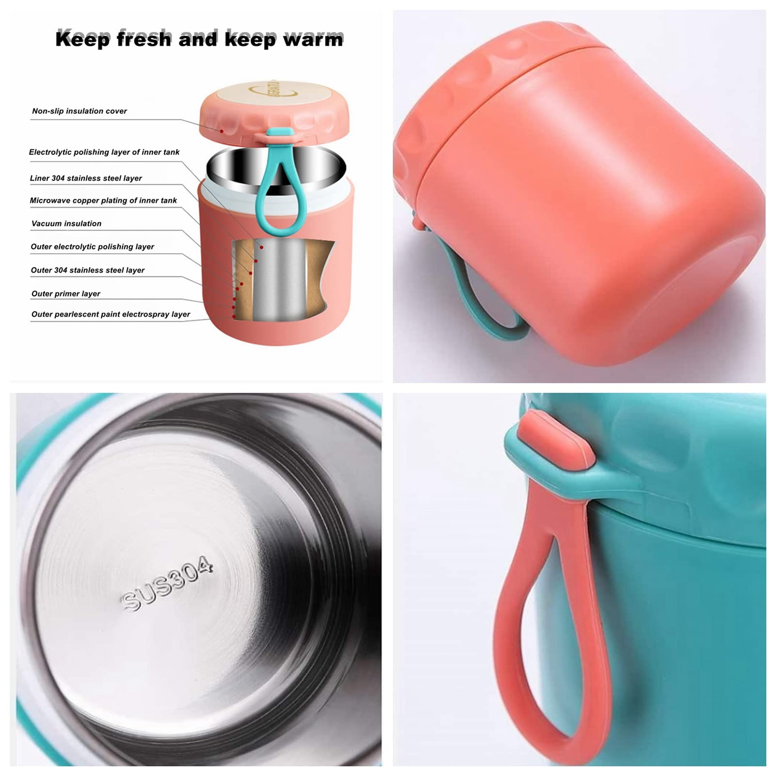 AGRATU Stainless Steel Vacuum Insulated Kids Food Jar Kids Thermos for Hot Food with Spoon 13.5oz (Pink)