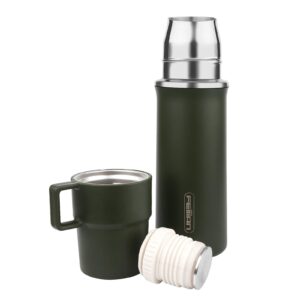 feijian coffee thermos with cup,21 oz stainless steel water bottle, vacuum insulated water bottle, thermos for hot drinks/cold drinks, leakproof build-in lid cup integrated handle, army green