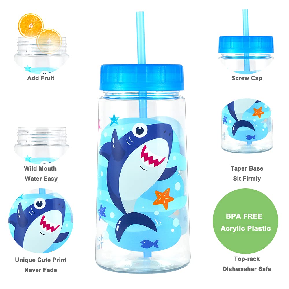 Home Tune 28oz Water Drinking Bottle - BPA Free, Wide Mouth, Travel Beverage Cup with Straw Lid, Lightweight, Water Bottle with Cute Foil Print Design For Girls & Boys - Shark & Dinosaur 2 Pack