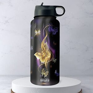 64HYDRO 32oz Fantasy Golden Butterfly Inspiration Motivational Gifts Stainless Steel Bottle with Straw Lid, Double Wall Vacuum Thermos Insulated Travel Coffee Bottle - HHE0210018