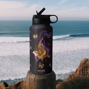 64HYDRO 32oz Fantasy Golden Butterfly Inspiration Motivational Gifts Stainless Steel Bottle with Straw Lid, Double Wall Vacuum Thermos Insulated Travel Coffee Bottle - HHE0210018