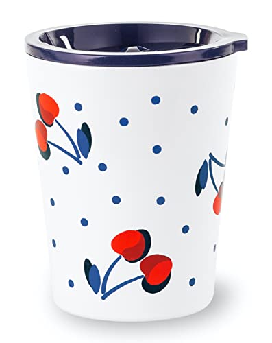 Kate Spade New York Small Insulated Coffee Cup with Lid, Double Walled Stainless Steel Mug, 12oz Coffee Tumbler, Vintage Cherry Dot