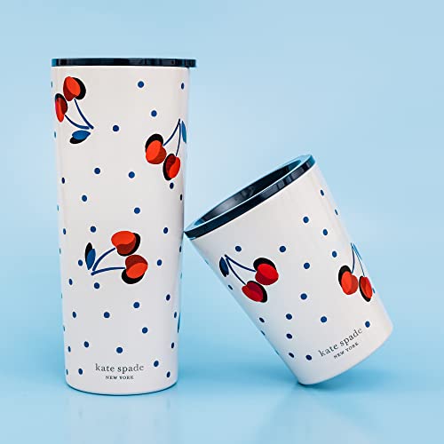 Kate Spade New York Small Insulated Coffee Cup with Lid, Double Walled Stainless Steel Mug, 12oz Coffee Tumbler, Vintage Cherry Dot