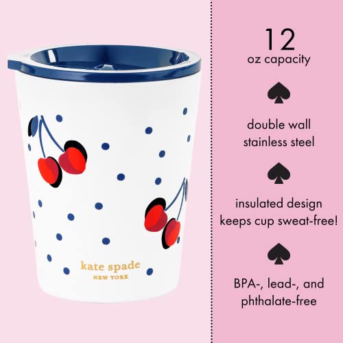 Kate Spade New York Small Insulated Coffee Cup with Lid, Double Walled Stainless Steel Mug, 12oz Coffee Tumbler, Vintage Cherry Dot