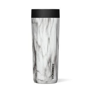 corkcicle commuter cup insulated stainless steel leakproof travel coffee mug keeps beverages cold for 9 hours and hot for 3 hours, snowdrift, 17 oz