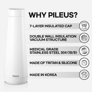 PILEUS INSULATED THERMOS WATER BOTTLE 17oz-14H Hot & 58H Cold, 7Layer Insulated Cap, Double Wall Insulation Vacuum Structure, Medical Grade StainlessSteel304(18/8) BPA-Free Tritan, Food Grade Silicone