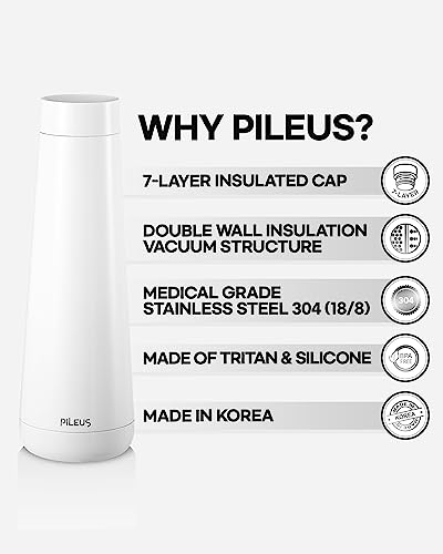 PILEUS INSULATED THERMOS WATER BOTTLE 17oz-14H Hot & 58H Cold, 7Layer Insulated Cap, Double Wall Insulation Vacuum Structure, Medical Grade StainlessSteel304(18/8) BPA-Free Tritan, Food Grade Silicone