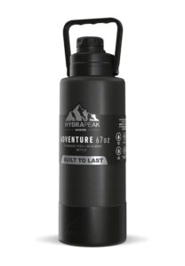 hydrapeak adventure 67oz insulated water bottle with handle, large stainless steel thermos with matching rubber boot, double wall insulation keeps drinks cold for 60 hrs and hot for 30 hrs (black)