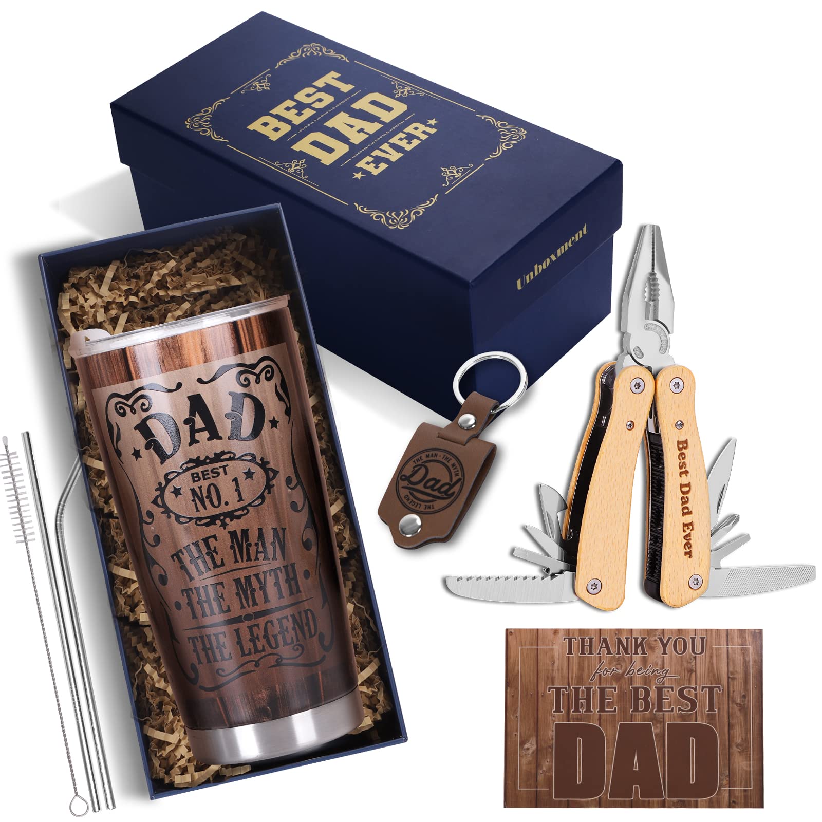 UNBOXMENT Dad Gifts, Best Dad Ever Gifts Basket, Retro Vintage Birthday Gifts for Dad Men, Fathers Day, Tumbler Mug, Multitool, Keychain, Card, with Stylish Gift Box