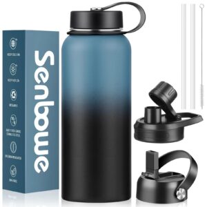 senbowe 40 oz insulated water bottle with straw, stainless steel leak proof vacuum sports water flask with 3 lids (straw, spout and handle lid), keeps cold and hot, great for hiking, biking, running
