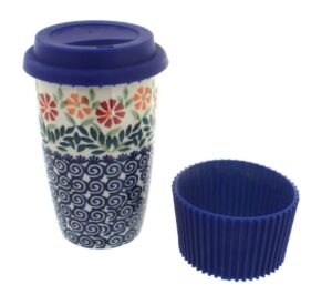 blue rose polish pottery garden bouquet travel coffee mug