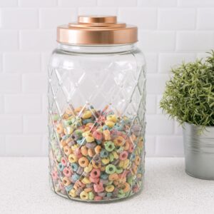 Home Basics Textured Glass Jar with Gleaming Air-Tight Copper Top, Kitchen Glassware Food Beverage Preserving Container, Clear (Large)