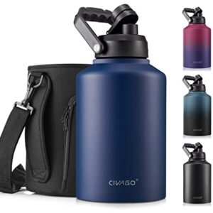 CIVAGO Gallon Insulated Water Bottle Jug, 128 oz Stainless Steel Sports Canteen with Handle and Sleeve, Large Metal Growler Mug, Navy Blue