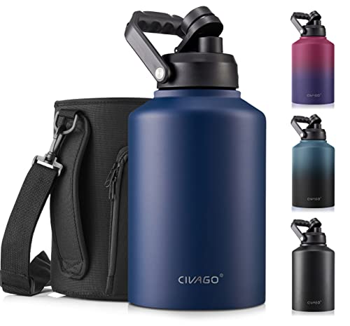 CIVAGO Gallon Insulated Water Bottle Jug, 128 oz Stainless Steel Sports Canteen with Handle and Sleeve, Large Metal Growler Mug, Navy Blue