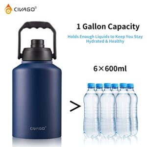 CIVAGO Gallon Insulated Water Bottle Jug, 128 oz Stainless Steel Sports Canteen with Handle and Sleeve, Large Metal Growler Mug, Navy Blue