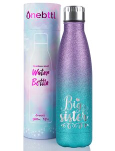 onebttl big sister gifts for daughter, insulated stainless steel water bottle, for big sis on birthday/pregnancy announcement, 17 oz, violet-blue gradient glitter