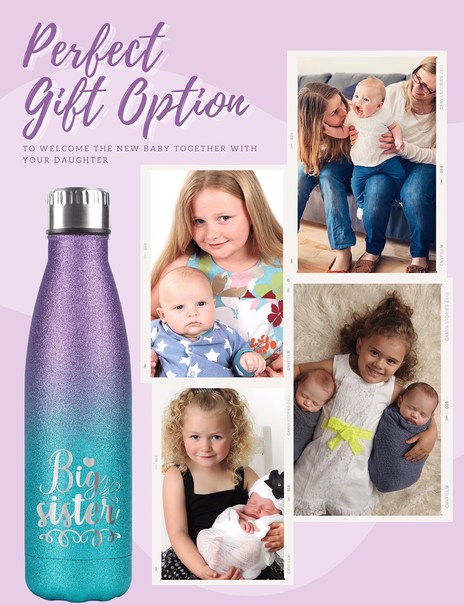 Onebttl Big Sister Gifts for daughter, Insulated Stainless Steel Water Bottle, For Big Sis on Birthday/Pregnancy announcement, 17 oz, Violet-Blue Gradient Glitter