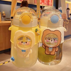 LIXERY Kawaii Bear Water Bottle with Straw and Strap Cute Water Bottle Bear Drinking Bottle Leakproof Plastic Water Jug for Girl School Sport 25oz, Pink, 3.15*3.15*7.3 Inch