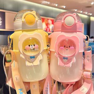 LIXERY Kawaii Bear Water Bottle with Straw and Strap Cute Water Bottle Bear Drinking Bottle Leakproof Plastic Water Jug for Girl School Sport 25oz, Pink, 3.15*3.15*7.3 Inch