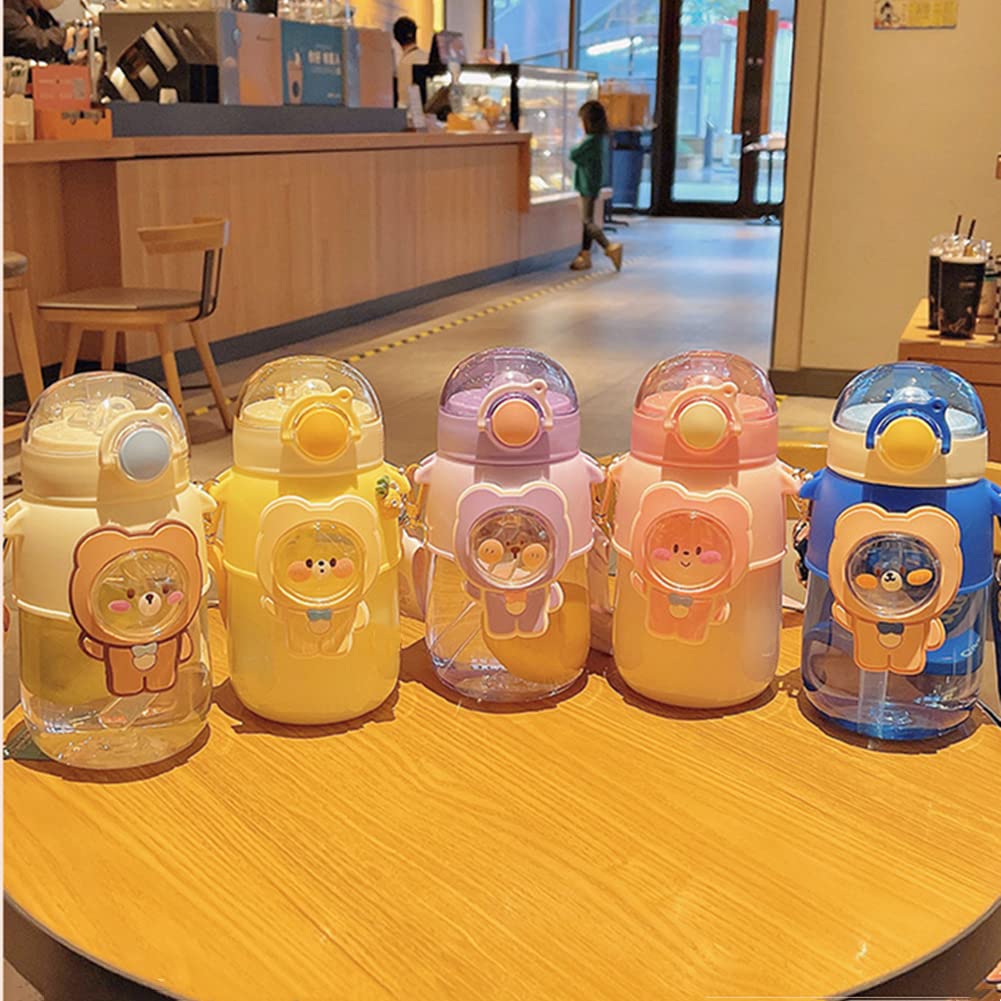 LIXERY Kawaii Bear Water Bottle with Straw and Strap Cute Water Bottle Bear Drinking Bottle Leakproof Plastic Water Jug for Girl School Sport 25oz, Pink, 3.15*3.15*7.3 Inch