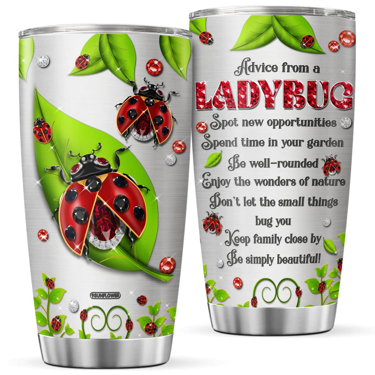 9SUNFLOWER Ladybugs Jewelry Style Coffee Tumbler Cute Birthday Gifts For Girls Women Animal Lovers Travel Mug With Lid Insulated Cup Inspirational Quotes Cold Drinking Vacuum Mugs